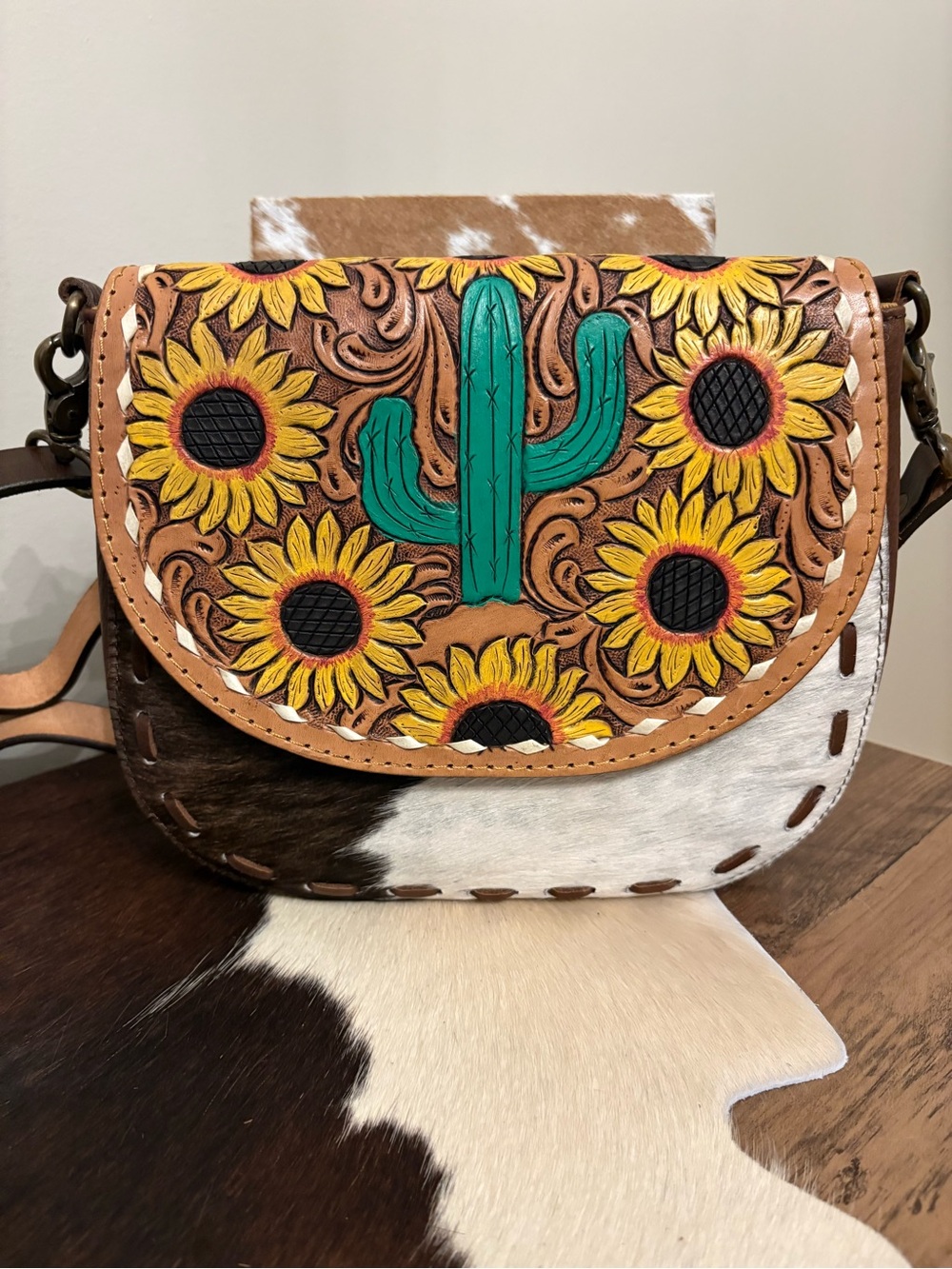 American Darling Hand-Tooled Sunflower & Cactus Leather Crossbody Bag
